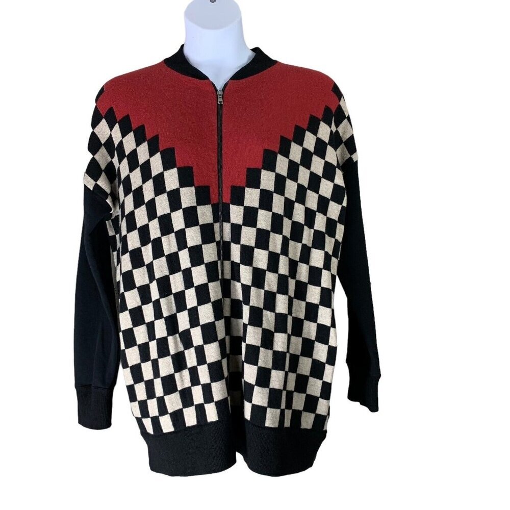 Alysi Size Medium Sweater Zip Up Cardigan Black Red Ivory Wool Blend Relaxed Fit